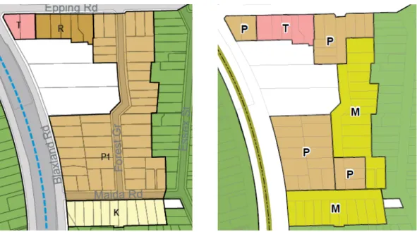 Figure 8  Proposed height controls in the 2011 study (left) and exhibited controls for the Forest Grove  residential intensification area (right).  