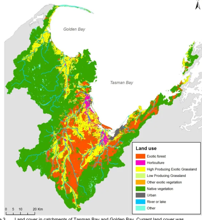 Figure 3.  Land cover in catchments of Tasman Bay and Golden Bay. Current land cover was  mapped within the study area using the New Zealand Land Cover Database (LCDB)  version 4, which provides an estimate of land cover derived from satellite imagery