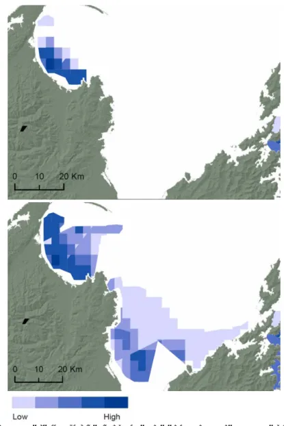 Figure 5.  Scallop fishing intensity averaged over 6 years (top) and 16 years (bottom)