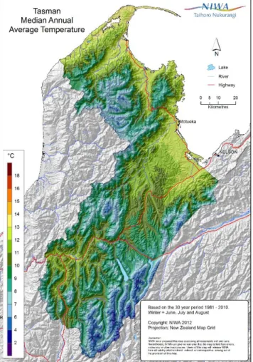 Figure 4-1 shows the spatial variation in annual average temperature over the Tasman region