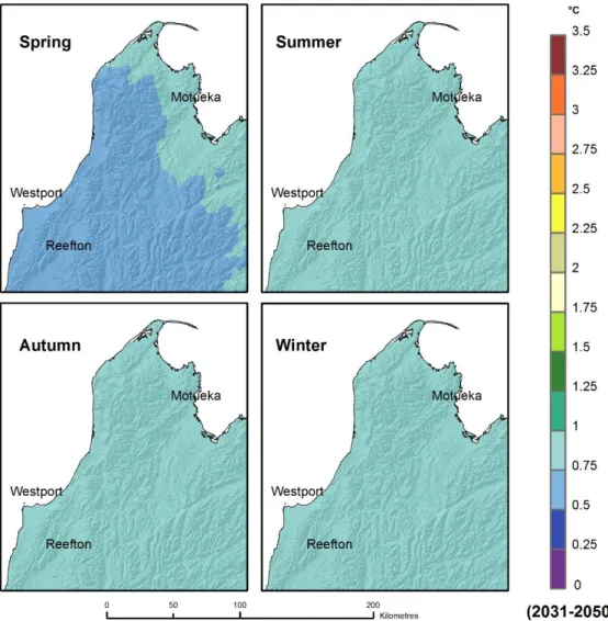 Figure 5-1 shows the seasonal patterns of projected temperature increase over the Tasman District  and surrounding areas for 2040 for the RCP4.5 scenario, where the temperature changes of 37  climate models have been averaged together