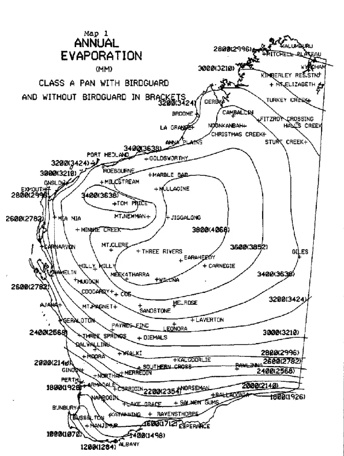 Figure 9: Western Australian annual average pan evaporation (Source Luke et al. DPIRD 1987) 