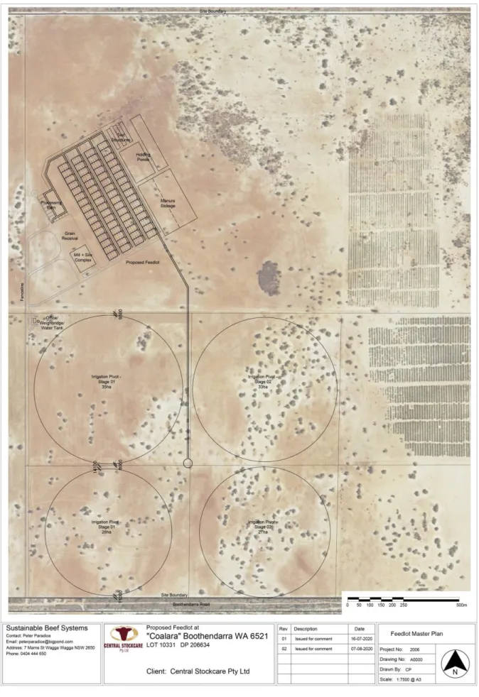 Figure 16: Feedlot master plan including proposed freshwater irrigation pivots