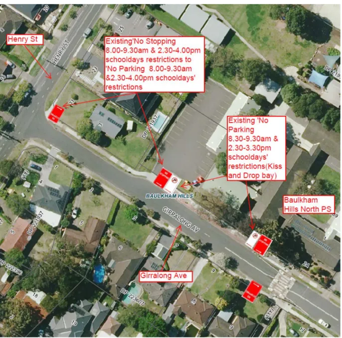 Figure 1: Girralong Ave, Baulkham Hills – locality plan with existing parking restrictions  It is proposed to install new parking restrictions and amend existing parking restrictions in the  narrow 7 metre-wide section of Girralong Avenue between Henry Str