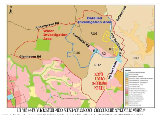 Figure 11: Dural investigation areas and planning proposal site (outlined in yellow). 