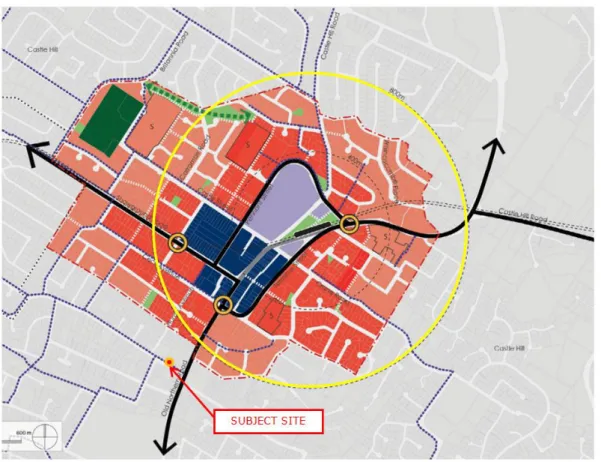 Figure 1: Subject Site and Castle Hill Station Precinct (800m Radius in Yellow)  5.  Issues Raised in Submission 