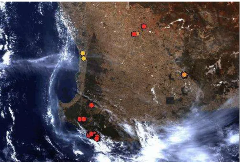 Figure 2: Satellite image of the smoke plumes from the fire at Windy Harbour (14/02/2013, http://firewatch.dli.wa.gov.au/