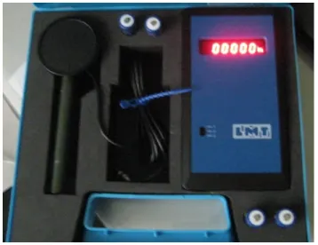 圖 3-2.1  LMT POCKET-Lux 2 照度計  [資料來源︰本研究拍攝] 第二節  安親班教室光環境調查 一、量測儀器簡介 1.攜帶式照度計：  本研究照度紀錄使用 LMT POCKET-Lux 2照度計（圖3-2.1），對於CIE 光譜照度靈敏度V（λ）的偏差f1’在±3％以內，對紫外光及紅外線分光靈敏特性（UV-response、IR-response）小於0.1％，溫度係數（temperature coefficient）小於0.1%/℃，可量測範圍：0.1～19,000 lx，可操作溫