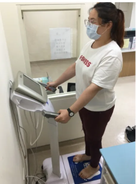 圖   3-3-6  使用多頻生物電阻抗分析儀評估四肢肌肉質量之示意圖