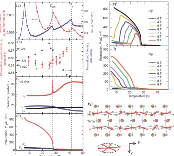 Figure 4. (Color online) (a)–(f) Temperature dependent of multiferroic and other physical properties of TbMnO 3 single crystal