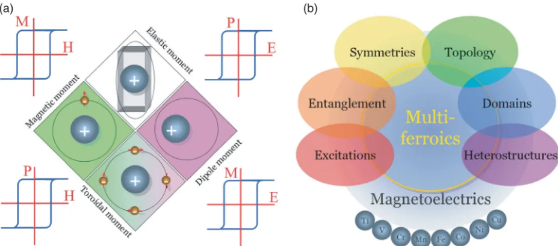 Figure 1. (Color online) Multiferroicity and magnetoelectricity. (a) A schematic of four primary ferroic moments and their microscopic origins