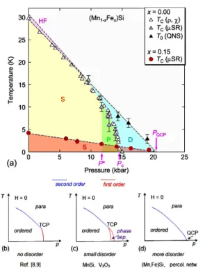 FIG. 5 Temperature–pressure phase diagrams of MnSi and (Mn,Fe)Si. (a) Temperature versus hydrostatic pressure phase diagram in pure MnSi and (Mn,Fe)Si in zero  mag-netic ﬁeld