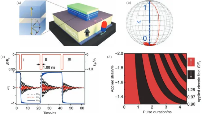 Fig. 4. Purely electric-ﬁeld-driven full 180 ◦ magnetization reversal via successive precession in multiferroic het- het-erostructure by phase-ﬁeld simulation [ 53 ] : (a) Schematic of the Ni (nanomagnt)/PZT heterostructure; (b) magnetic precession reversa