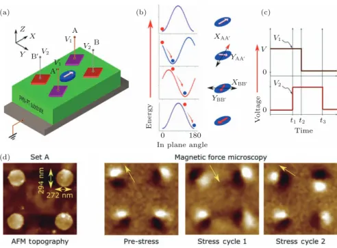 Fig. 7. Experimental approach of strain-induced complete 180 ◦ magnetization reversal by using two in-plane electric ﬁeld pulses [ 62 ] : (a) The schematic diagram of the multiferroic heterostructure consisting of elliptical Co nanomagnets on PMN-PT single