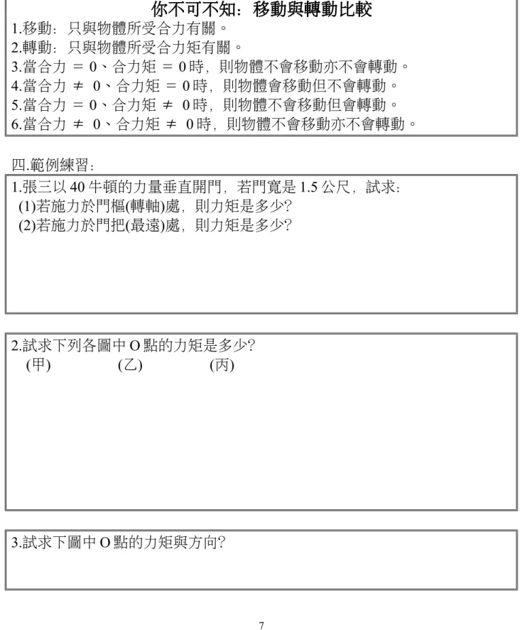 圖 一                          圖 二 你不可不知：移動與轉動比較 1.移動：只與物體所受合力有關。 2.轉動：只與物體所受合力矩有關。 3.當合力 ＝ 0、合力矩 ＝ 0 時，則物體不會移動亦不會轉動。 4.當合力 ≠ 0、合力矩 ＝ 0 時，則物體會移動但不會轉動。 5.當合力 ＝ 0、合力矩 ≠ 0 時，則物體不會移動但會轉動。 6.當合力 ≠ 0、合力矩 ≠ 0 時，則物體不會移動亦不會轉動。 四.範例練習： 1.張三以 40 牛頓的力量垂直開門，若門寬是 1.5 公尺，試