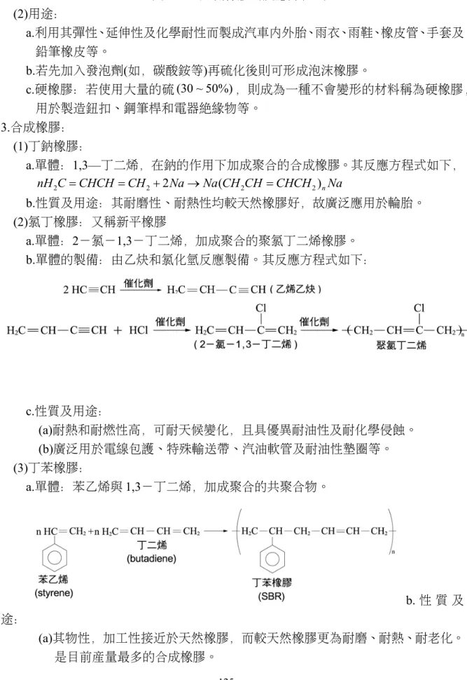 圖 8 29   加硫橡膠的反應方程式 (2)用途： a.利用其彈性、延伸性及化學耐性而製成汽車內外胎、雨衣、雨鞋、橡皮管、手套及 鉛筆橡皮等。 b.若先加入發泡劑(如，碳酸銨等)再硫化後則可形成泡沫橡膠。 c.硬橡膠：若使用大量的硫 (30 ~ 50%) ，則成為一種不會變形的材料稱為硬橡膠， 用於製造鈕扣、鋼筆桿和電器絕緣物等。 3.合成橡膠： (1)丁鈉橡膠： a.單體：1,3—丁二烯，在鈉的作用下加成聚合的合成橡膠。其反應方程式如下， 2 2 2 ( 2 2 ) nnH C CHCHCHNa