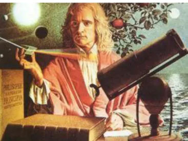 圖 2：牛頓畫作(by Jean-Leon Huens, National Geographic: May 1974)  貳、就讀劍橋三一學院期間         1661 年 6 月，19 歲的牛頓(Newton,1642-1727)進入劍橋大學三一學院就讀，在大學期間， 他閱讀許多數學、自然哲學和實驗科學的書籍，其中包括了很多與光學相關的書籍 3 ，自小就 喜歡動手做的他，自行磨製透鏡，探究望遠鏡的結構和透鏡的性能。1664 年 9 月，他在劍橋 知名的斯托爾橋市集(Stourbridge fair) 