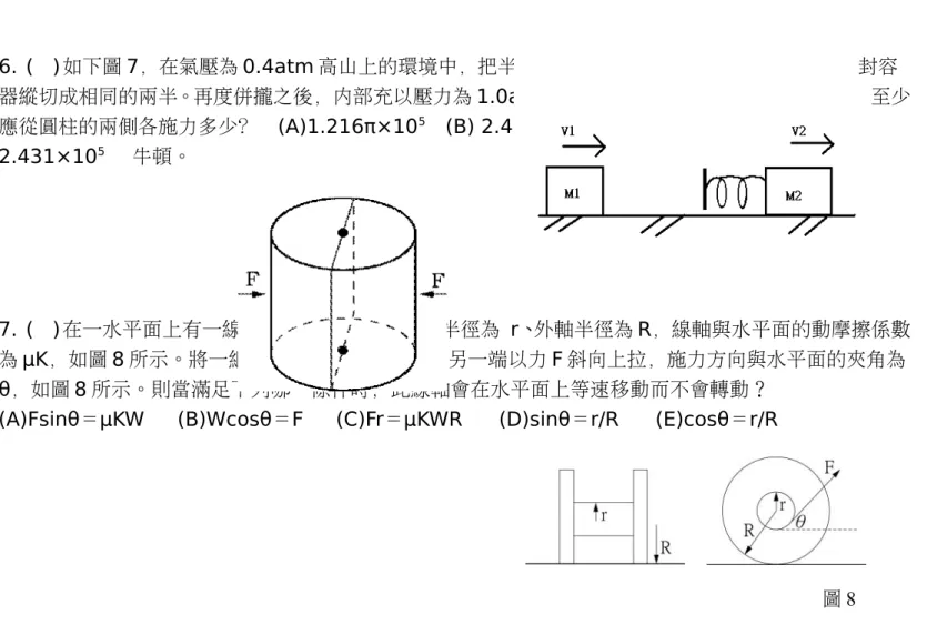 圖 5 5. (  )一木塊質量為 m 1 =2.0 Kg ，以 v 1 =15m/s 速率沿無摩擦的桌面滑動，如圖 6，其正前方另有一 木塊 m 2 質量為 5.0 Kg ，左邊附上一輕質彈簧，在同一方向以 v 2 =8.0m/s 速率運動，此彈簧彈力常數 為 1120 N/m，如圖所示，當兩木塊碰撞時，彈簧最大壓縮量為(A) 1.25 cm (B) 12.5 cm  (C) 2.5  cm  (D) 25 cm (E) 50 cm。 圖 6                6