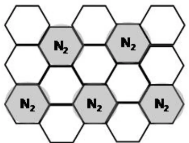 Fig. 2. Nitrogen molecules N 2  (grey circles) on the outer surface of graphite 