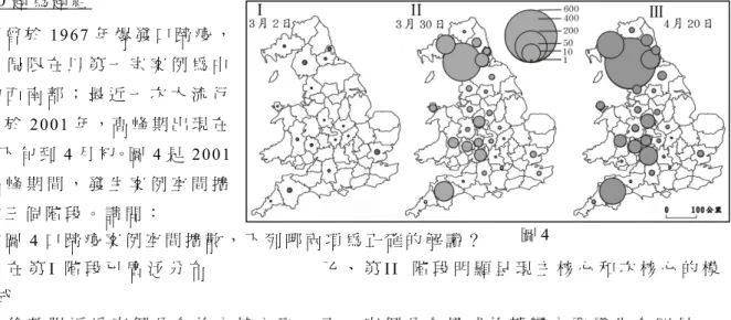 表 1  衛 星 空 間 解 析 度 時 間 解 析 度 甲  1000m  16天   乙  36m  24天   丙  30m  16天   丁  1000m  2天   註：空間解析度代表衛星每一個像元涵蓋地XX 圖5 次數次數甲 乙 丙丁 圖6英 國 曾 於1967 年 爆 發 口 蹄 疫 ，疫 情 侷 限 在 以 第 一 宗 案 例 為 中心 的 西 南 部 ； 最 近 一 次 大 流 行發 生 於2001 年 ， 高 峰 期 出 現 在3 月 下 旬 到 4 月 初。圖 4 是 2001年 高 