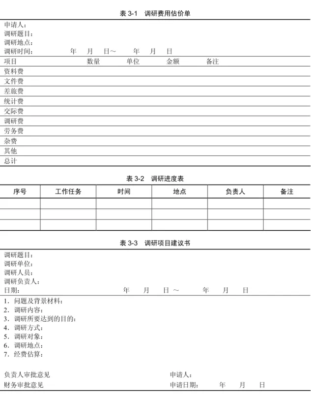 表 3-1    调研费用估价单  申请人：  调研题目：  调研地点：  调研时间：                    年      月      日～          年      月      日  项目                                          数量                单位                金额                备注  资料费  文件费  差旅费  统计费  交际费  调研费  劳务费  杂费  其他  总计  表