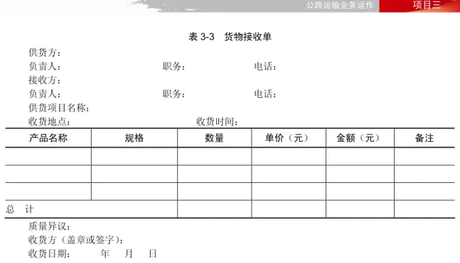 表 3-3    货物接收单  供货方：                                                            负责人：                                        职务：                          电话：                                                    接收方：                                            