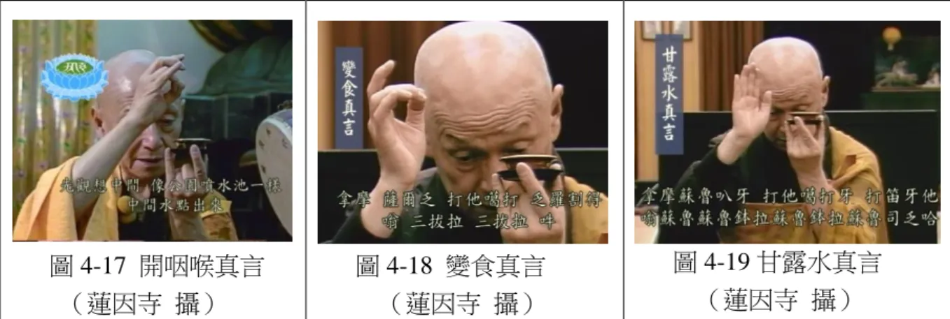 圖 4-17  開咽喉真言  （蓮因寺  攝）  圖 4-18  變食真言 （蓮因寺  攝）  圖 4-19 甘露水真言 （蓮因寺  攝）  次誦「開咽喉真言」咒、印（如圖 4-17） ，餓鬼道眾生的壽命短則千歲，長則萬歲， 餓鬼道的一天是人道的一個月，長年吃不到食物，肚子餓就吐火，只要在夜晚見聞有人 在吃飯，鍋鏟碗筷「鏗鏘」的聲響，口裡就吐火，業力的果報，痛苦難言，所以佛制比 丘過午不食，這也是悲憫地獄、餓鬼道眾生無法進食，慈悲心的表現。是故，要改變針 咽火燒的業力，使其能正常飲食，則持「開咽喉真言」咒、