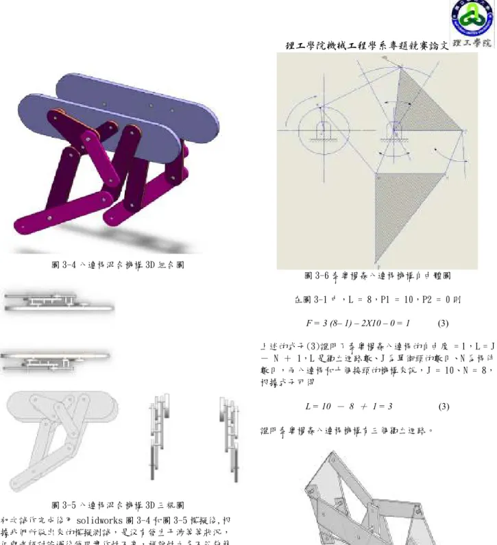 圖 3-4 八連桿混合機構 3D 組合圖  圖 3-5 八連桿混合機構 3D 三視圖  初次試作完成後用 solidworks 圖 3-4 和圖 3-5 模擬後,根 據我們所做出來的模擬測試，是沒有發生干涉等等狀況， 但與老師討論過後發現實作性不高，複雜性太多不能夠簡 而有力的展現仿生機構栩栩如生的運動型態，因此我們決 定換另外一種機構試試看，而八連桿混合機構就當個學習 經驗 。  之後，在老師的與我們的討論放棄前一個機構後，我 們又找到不同的機構來做，這次的資料是由老師提供，而 且真的去參考了泰奧楊森的仿