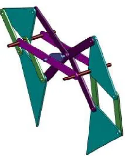 圖 3-8 泰奧楊森八連桿機構 3D 組合圖  另外我們一在修改圖檔也模擬非金屬媒材加以著色的機構 模樣來參考圖 3-8 因為壓克力板其實非常不好裁切，而且 價格也十分昂貴，在有限的資源裡我們也是盡可能的節省 資源物盡其用，但又考慮到機構的某些部位需要強固性高 的媒材來支撐，不能夠因為節省資源而做出一個不堪負荷 的機構，仔細衡量和拿幾個媒材試做實驗後，我們決定部 分的機構採用壓克力板，其餘的部分改採用好裁切又易得 到的輕薄木板、木片、和木筷作為這次的主要媒材 。  圖 3-9 泰奧楊森八連桿機構 3D 零件