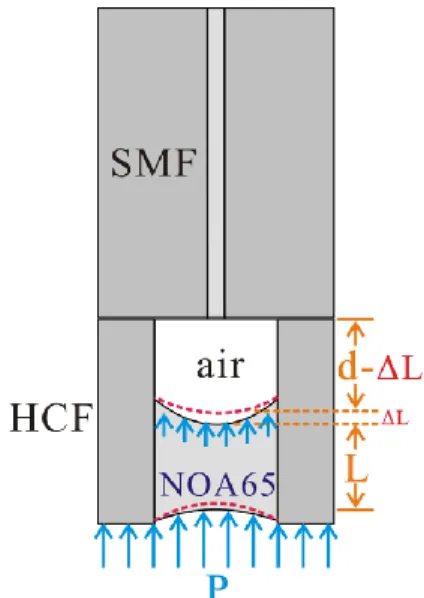 圖 2-6 AG-FFPI 元件受外在壓力的位移變化圖。  當元件端面所受到的液體壓力為 P 時，P 可表示如式(1)所示，其中 ρ 為比重(kg/m 3 )，g 為重力加速度(m/s 2 )，h 則是液面高(cm)。  ghP                                                                                     (1)  當在某一液體壓力下，此 FFPI 之空氣共振腔長度(d)，n 為共振腔折射率(n=1:空氣)，   
