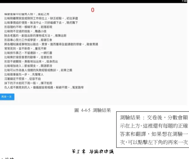 圖  4-4-5  測驗結果  第五章 結論與建議  5.1 結論         在我們開發 App 的過程中，我們發現製作一款功能齊全的 App 是有一定難度的，我們在程 式的功能還有很多需要加強的地方，礙於時間與技術方面的問題，無法在短時間內做到非常完 善。在成語 App 在程式的開發中，組員都很努力的去完成自己份內的工作，對於程式系統開發 的不熟練，而導致常常遇到問題，然後不斷詢問指導老師或是上網找資訊來解決我們面臨的問 題。在開發這款 App 的軟體我們使用了 Visual Studio2017 