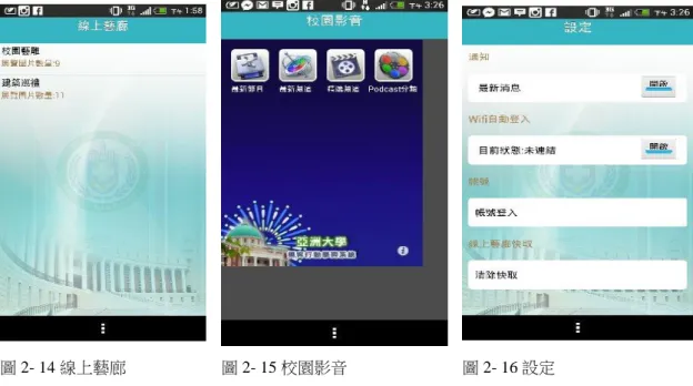 圖 2- 14 線上藝廊  圖 2- 15 校園影音  圖 2- 16 設定  程式  亞洲大學校園導覽  主功能  描述  首頁  功能列表  招生資訊  顯示招生訊息  資訊查詢  課表查詢和付款方式選擇  最新資訊  顯示亞洲大學的最新資訊  認識學校  介紹亞洲大學  校園導覽  顯示目前位子,可以確認離目的地剩餘多少距離  圖書館  可以方便查詢借閱和是否有過期通知  校園安全  介紹學生如有各種疑難雜惑可以來此尋求協助  交通指引  顯示亞洲大學的交通資訊  線上藝廊  簡單介紹校園建築和特色景