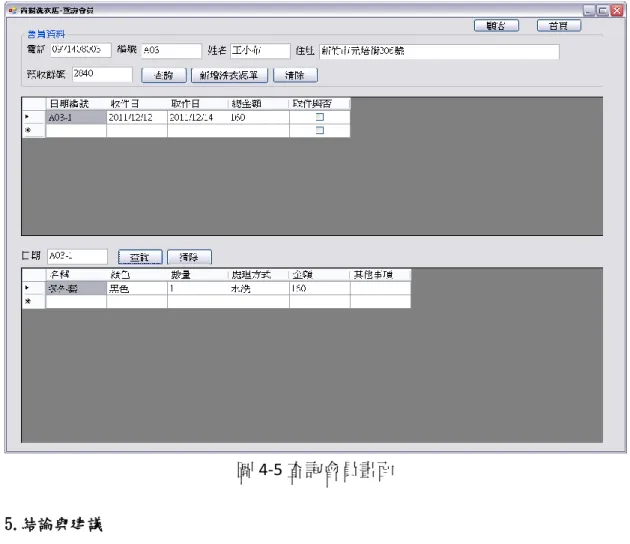 圖 4-5 查詢會員畫面 5.結論與建議  5.1 結論  本系統是一個簡單明瞭的軟體，步驟很明確，設計方向也很簡單。但是真正實現起來還需 要用心去琢磨，本系統所有代碼均是通過 c#來完成，在對一些功能進行操作的時候要充分的理 解其屬性，從而達到最好的使用結果。  在整個系統開發過程中，本組碰到很多瓶頸，但透過翻閱相關書籍或網路資料，詢問老師 和同學，耐心的逐一解決。經過這個系統的開發，對 Microsoft Visual Studio 的開發平台，c#語言 以及 Access 數據庫有了更深的理解，更加熟