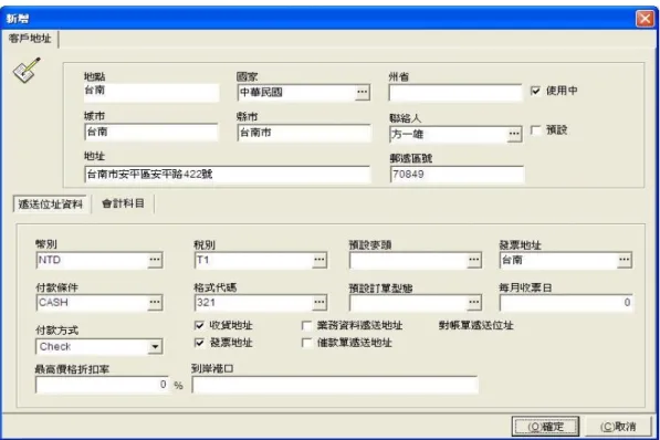 圖 4-57 地址資料設定-門市  地址資料設定所需要設定有：地點、國家、城市、縣市、聯絡人、地 址、郵遞區號、幣別、稅別、付款條件、格式代碼、付款方式，發票位元 元址需設定完位址資料後才可編輯，必須要選取收貨地址和發票地址，會 計科目和客戶種類一樣設定，設定完地址後還要設定聯絡電話，範例如 下：  地點：台南  國家：中華民國  城市：台南  縣市：台南市  聯絡人：方一雄  地址：台南市安平區安平路 422 號  郵遞區號：70849 