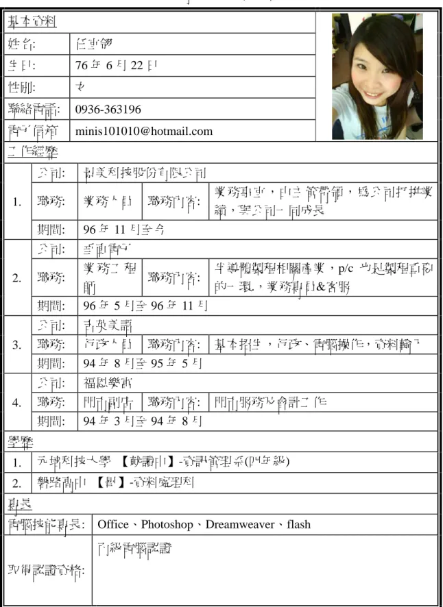 表 3-2 專題團隊成員履歷-2  基本資料  姓名:  任宜翎  生日: 76 年 6 月 22 日  性別:  女  聯絡電話:  0936-363196  電子信箱  minis101010@hotmail.com  工作經歷  1