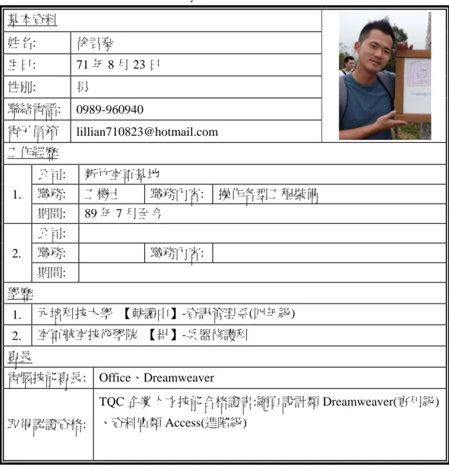 表 3-4 專題團隊成員履歷-4  基本資料  姓名:  徐君豪  生日: 71 年 8 月 23 日  性別:  男  聯絡電話:  0989-960940  電子信箱  lillian710823@hotmail.com  工作經歷  1