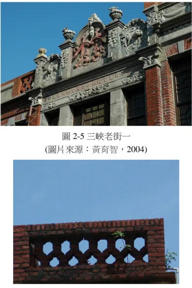 圖 2-5 三峽老街一  (圖片來源： 黃育智 ，2004)  圖 2-6 三峽老街二  (圖片來源： 黃育智 ，2004)  2.1.4  迪化街  「迪化街」位於台北大同區，為大稻埕商圈最重要的市街，長約８００公尺 「迪化街」街大部分建築經刻意留存，因而成為台北市保留最完整的老街。  迪化街街道狹窄，南北走向，為容納更多門面，除少數店家外，均屬於長條 形的連棟式店舖，幾乎都是東西坐向長縱深的店舖，在房屋外觀上，約可分為四 種形式。  1.閩南式建築  以單層樓為主，瓦片覆蓋的斜屋頂及木板組成的門窗等，是