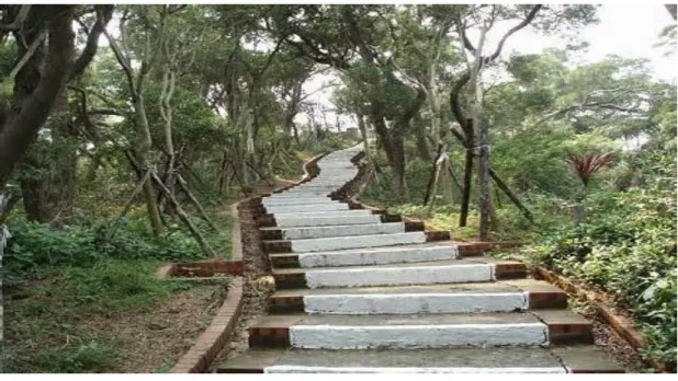 圖 2-5 十八尖山  2.2.6  新竹護城河親水公園  新竹護城河親水公園位於東門圓環往文化街方向，從林森路至中央路長 600 公尺、寬約 56 公尺的護城河，從 2000 年開始規劃設計，成為新竹市的新八景， 草皮與流水讓市民更能體會親水的樂趣，加上沿岸的樹木、植栽以及兩處小型的 階梯劇場提供民眾戶外表演，讓新竹護城河親水公園成為新竹市民假日休閒的好 去處。新竹護城河與各城樓皆設有吊橋一座，雖然目前已失去防禦功能，但在成 立新竹護城河親水公園後，更是在觀光價值與歷史人文上扮演相當重要的角色。  圖 2
