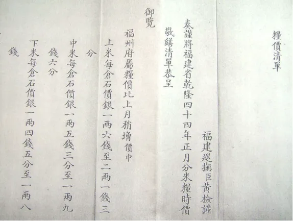 圖 1.1.4：福建巡撫摺報乾隆四十四年正月分糧價清單