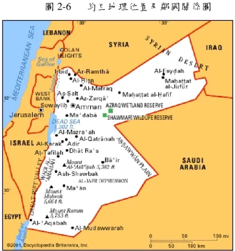 圖 2-6   約旦地理位置及鄰國關係圖  資料來源： http://www.internationalbridgebuilders.org/Maps/jordan_map.jpg  貳、面積、人口與氣候  約旦全境面積為九萬方六千六百餘平方公里（包括約旦河西岸地 區約六千七百方公里） ，人口約二百四十萬人（一九七一年約旦之官方 統計資料顯示，約旦河東岸地區一七○萬，西岸以色列佔領區七十 萬） 。巴勒斯坦難民約佔人口三分之一。全國百分之八十人民信奉伊斯 蘭教，主要語言為阿拉伯語。 