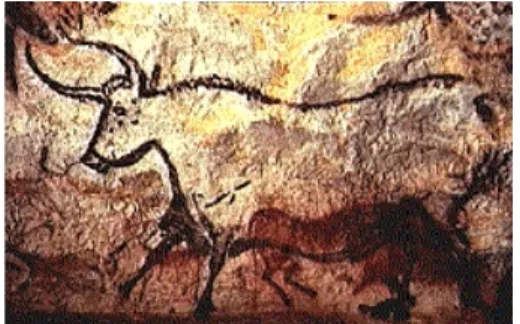 圖 2-1  《野牛》  法國  拉斯科洞穴 西元前 1500-1700 年  長約 250 公尺二二二二、、、色彩分佈、色彩分佈色彩分佈色彩分佈人類描繪自然中的萬物最早發現的圖畫是位於法國南部多爾多涅 （Dordogne）的拉斯科洞穴和西班牙北部阿爾塔米拉（Altamira）的洞穴壁畫，見圖 2-1《野牛》、圖 2-2《野牛》。這些洞穴壁畫所描繪出來的圖像相當活靈活現，看得出來有紅赭、白、黑、黃的顏色，然而，這些畫的 創作動機並非是為了視覺觀賞，而是 與巫術、宗教目的相聯繫的。  不同民族對於色彩有不同的