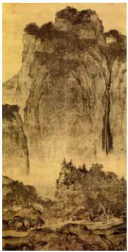 圖  3 范寬  《谿山行旅圖》，北宋，絹本水墨，206.3 x 103.3 cm  范寬「谿山行旅」可以說是中國北宋山水畫中的傑作。經過 五代對文人畫的開創，到了北宋初年，畫家依據居住的不同的地 區，以周遭大自然真實的山水為對象，開啟了山水畫恢宏的氣度。 黃土高原上大山直立起來的氣勢成為范寬繪畫風格的來源。這幅 畫近景的部分佔畫面下方的三分之一，兩側巨石之間開闢出一條 留白的道路，一隊驢子馱著貨物，行旅的客商自畫面右側進入， 正緩緩行進，點出了「行旅」的主題 。畫面最精彩的部份是佔畫 面約三分之二，聳立在