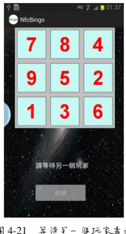 圖 4-21    等待另一個玩家畫面          當第二位使用者也連上伺服器時，伺服器會依據連上伺服器的時間順序，安 排第一位使用者先進行題目問答，如圖 4-22。在第一位使用者答題的過程中，則 會要求第二位使用者等待，直至第一位使用者作答完一題並將完成的 NFC 標籤編 號經由伺服器傳入。此時，系統會指示第二位使用者開始進行作答，如圖 4-23。        圖 4-22    第一位使用者先作答 