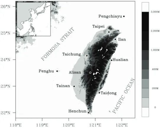 Fig. 1 Map of Taiwan with the geographical locations of the seven synoptic stations used in current study.