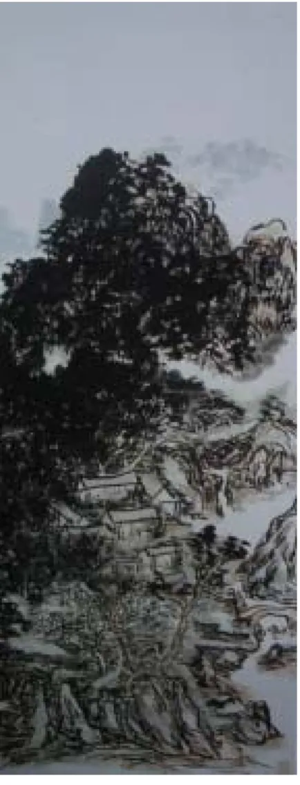 圖 3-9  圖 3-8  黃賓虹，《天目奇峰》 ，水墨設色 紙本，155×40cm，中國美術館藏。 布拉克，《第 31 號》，1950，油彩  油漆  畫布，269.2×532.4cm，紐約現代美術館藏。 西方畫家也有留白的技巧與觀念。如布拉克的（Jackson Pollock ,  1912-1956）《第 31 號》（圖 3-9），雖然是屬於抽象畫，但畫面上類似「網 點」的留白之處，便有「透氣」的作用，和上舉賓虹先生山水畫的留白頗 為神似。 65 而中國山水畫中強調對留白運用，是受「有生於無」的美學思
