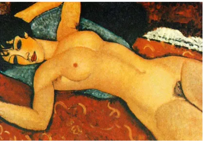 圖 2-25：莫迪里亞尼〔躺著的裸女〕，1918，油彩、畫布，60 x 92cm，米蘭：私人收藏。  表現主義畫家席勒(Egon Schiele，1890~1918)的作品（見圖 2-26、2-27）毫 不掩飾地表現了那個時代人的心理和情感，他所描繪的人物和景物都不是靜態 的，無論是什麼樣的形態都像處在驚恐不安狀態，生的欲望和死的威脅交織成可 怕的陰影，始終籠罩著他的作品。他的繪畫特別強調人手和臉部的肌肉神經與血 管，刻畫出衝動時剎那間的細微表情，畫中的裸體或著衣身體，頸肩與四肢肌肉 看來似乎是不停地在扭動