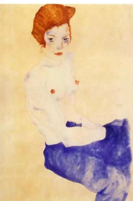 圖 2-26：席勒〔女孩就座〕，1911，水彩、鉛筆，48 x 3105cm，荷蘭海牙市市立博物館  。  圖 2-27：席勒〔穿綠長襪的斜躺婦人〕，1917，水粉、紙，29.4 x 46 cm，私人收藏。      二十世紀後，「裸體」的藝術表現已逐漸跳脫傳統模式，至今，後現代的藝 術家們不但沒有放棄「裸體」作為藝術的一種表現形式，更企圖在作品中加入自 己的批判。因而我們可以看見野獸派呈現的是線條扭曲、色彩鮮豔的裸體形式； 立體派出現的是分割塊面且具三度空間的裸體形式；達達主義的反理性、反藝術 語彙的裸體