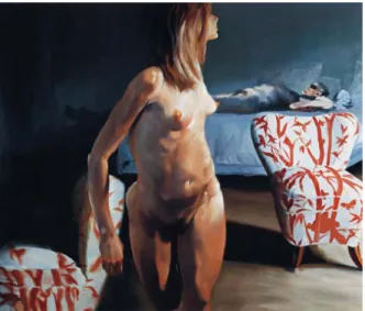 圖 2-29：費謝爾〔床、椅子、Jetlag〕 ，2000，油彩、畫布，             216 x 266.7cm。  而「新表現主義」進入後現代時期的藝術家隨著整體性社會情緒的轉變，變 成批判、深省關懷、憐憫，這種心情跟二十世紀初期德國的表現主義是相同的。 不同的只是「新表現主義」面對的是截然不同的「新」的環境、 「新」的社會、 「新」 的人性，呈現出來的作品、傳遞出來的訊息必然也是「新」的。因此，在後現代 時期用「表現主義」那種心情來創作、來面對「新」社會的藝術家自稱為，也被 稱為「新」表現主