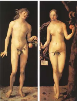 圖 3-6：杜勒，〔亞當夏娃〕，1507，油彩、木板，209 x 81 cm (each panel)  馬德里：普拉多美術館。        肯尼斯•克拉克在他的著作中談到，女性的裸像在藝術表現裡，更貼近純 粹抽象的造形性，因為她的曲線比男性強調塊面肌肉量感的線條，更能展現出流 暢與簡鍊的美感。從古至今，人體無論在美術基礎訓練的過程亦或是當做創作的 一種題材，都確實展現出對「生命本體」的摸索與探尋過程。裸像的意義，在自 我的創作中，象徵的是一種純粹的精神、一種無需掩飾的真實形態，在形式面向 的表現上來說，