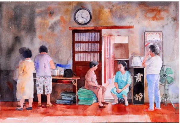 圖 5-8 作品八《下午的聚會》 水彩    38.5cm × 56.5cm       2005 